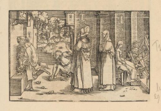 Young man departs while three women and an old beggar remain behind