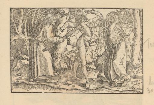 Man attempting to ward off two Furies with snakes for hair