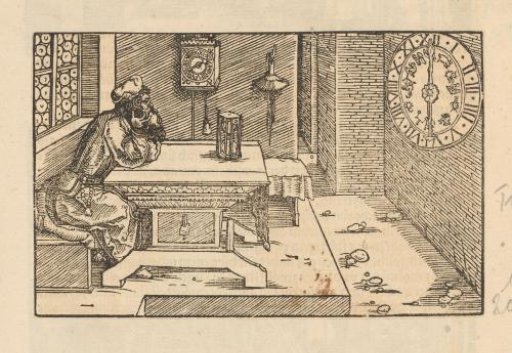 Old man looking with his head in his hands at an hourglass and wall clocks