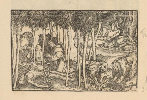 Monk by a Corpse and Two Lions Under Palms