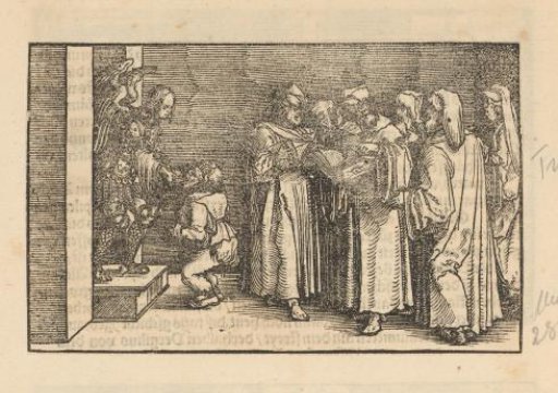 Scholars with books and an angel