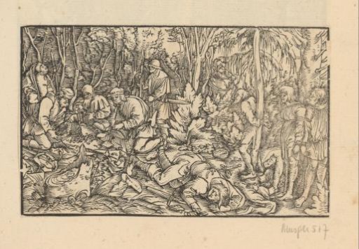 Robbers dividing the spoils after binding the victims to trees