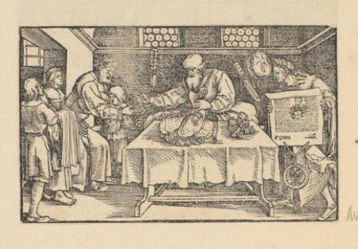 Man with children receiving money while a man holds up a decree