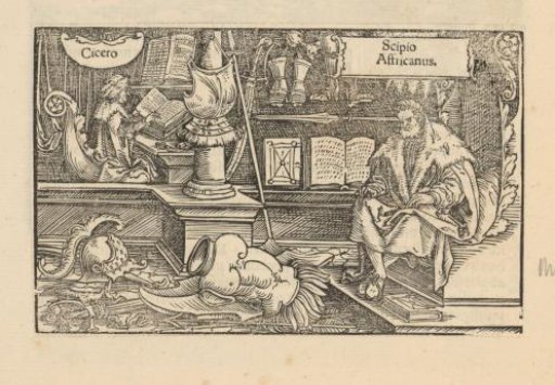 Scipio Africanus Major looking at armor and Cicero writing