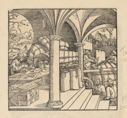 Man at work in a cellar vault where sacks of money are stored