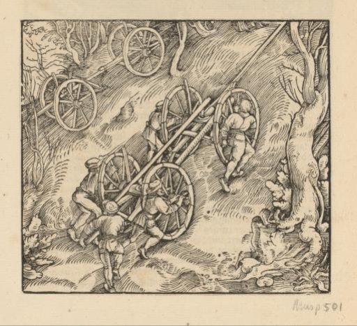 Five people pushing a cart uphill