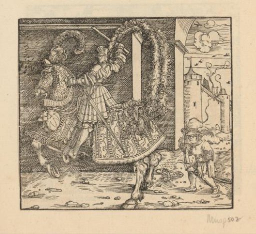 Knight on horseback followed by a child with a hobby horse