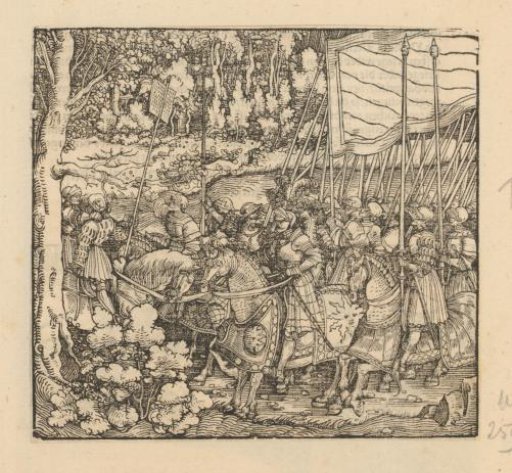 Soldiers near a forest where someone is being hanged from a tree