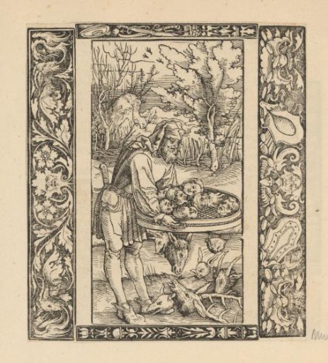 Landscape with a man holding a basket full of human heads and animal heads