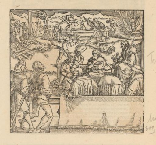 Prisoner being brought forward, while deadly torture methods are carried out in the background