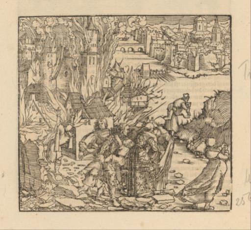 People fleeing from a burning city