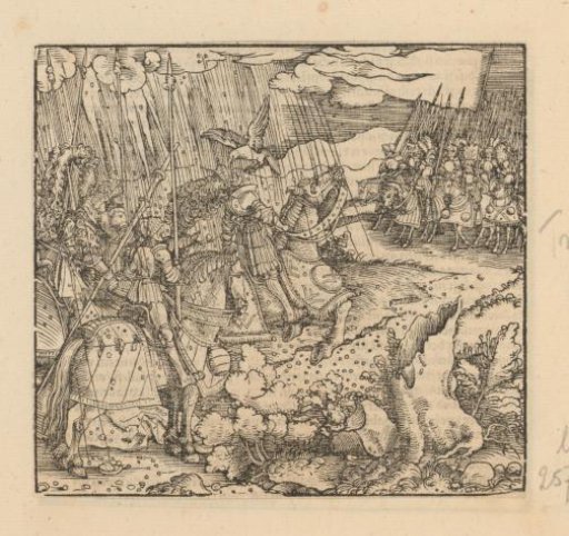 Two armies, one of which is being ravaged by a hailstorm