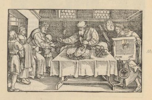 Man with Children Receiving Money While a Man Holds Up a Decree