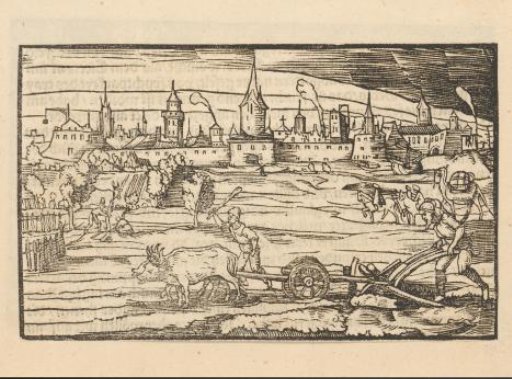 Ploughing farmers near a fortified town