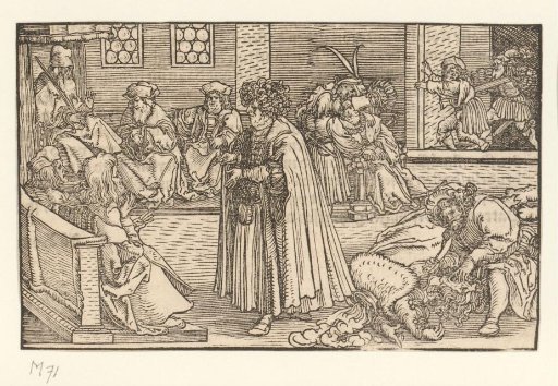 Blindfolded Men with Donkey Ears Beside Two Linked Chests