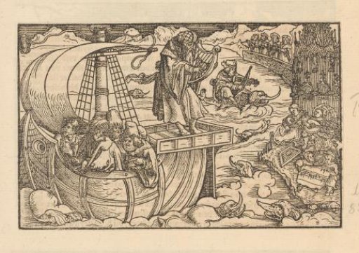 Ship with a man playing a harp on the bow and a man playing a lute in the sea