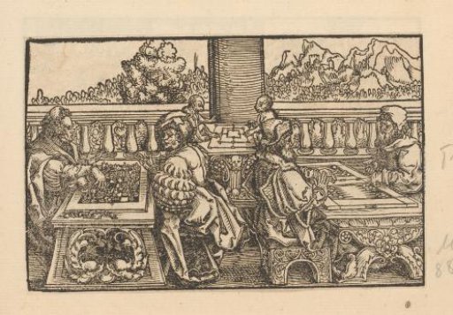 Men playing chess, backgammon and morris on a balcony