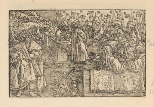 Scholars Sitting on Benches While Frogs Fall from the Sky