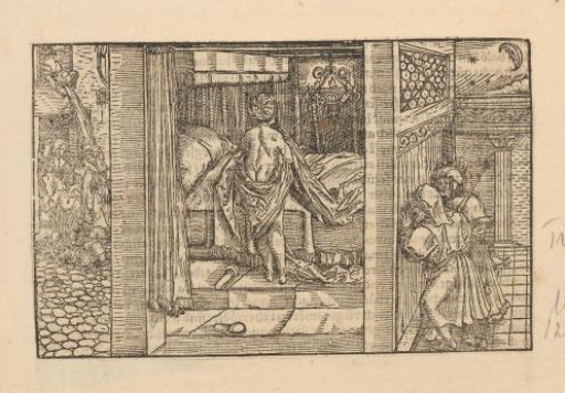 Two men spying on a half-naked woman