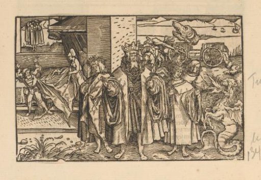Two young men with a crowned man