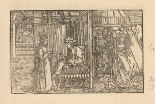 Young woman kneeling with a book before an older man