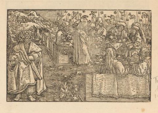 Scholars seated on benches while frogs fall from the sky