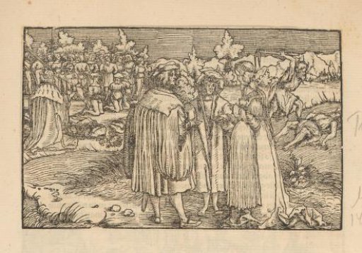 Two men and a woman with executions in the background