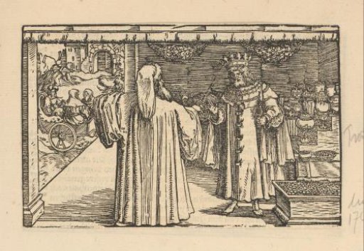 King in conversation with a wise man in a treasury