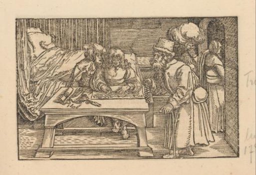 Two men on the edge of a bed and an old man with a rosary