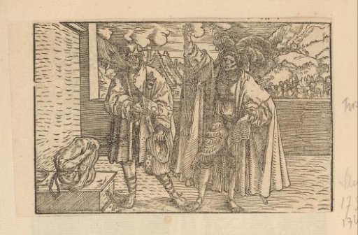Two men and a monkey showing its buttocks