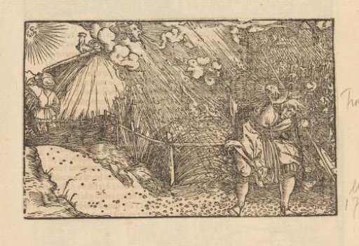 Peasant on his land in a hailstorm