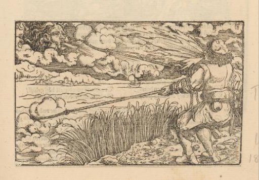 Farm laborer attempting to catch a cloud while a cloud blows back
