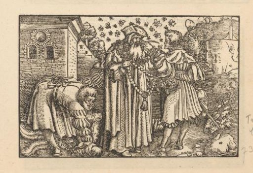 Three men with bees and feathers