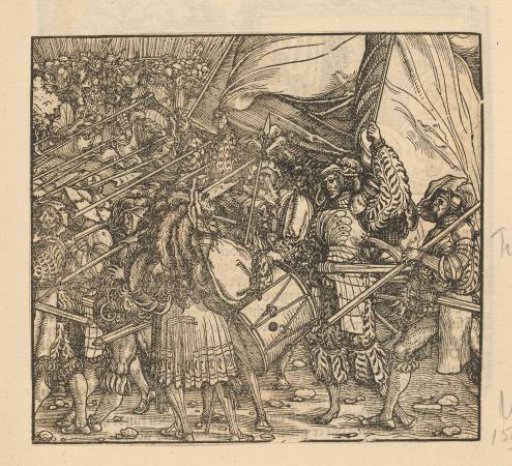 Procession of soldiers with lances accompanied by music and flag bearers