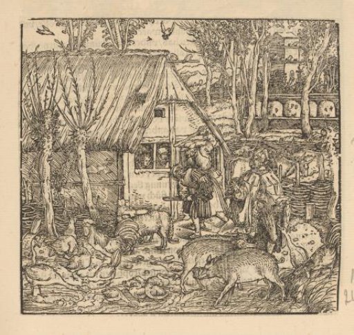 Peasant striking a man on his farmyard