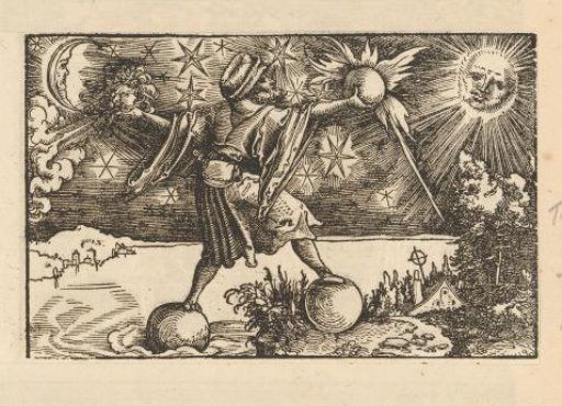 Sun and moon and a man balancing the four elements