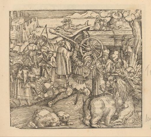 Soldier Clubbing a Fighting Lion and Bear, with a Fortress City in the Background