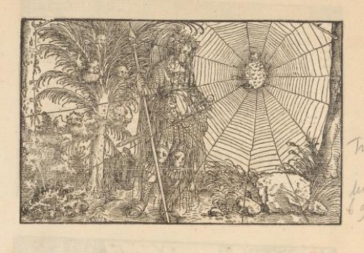 Minerva as a warrior at a spiderweb with a spider