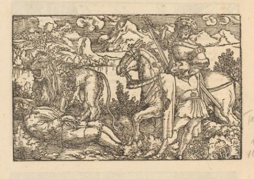A rider stabs someone, a lion, and a bound man