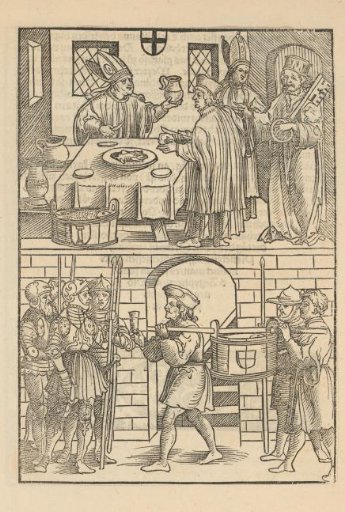 Clerics at table, and a depiction of soldiers and men carrying a vat