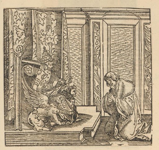 Kneeling man before a high-ranking cleric with a mitre