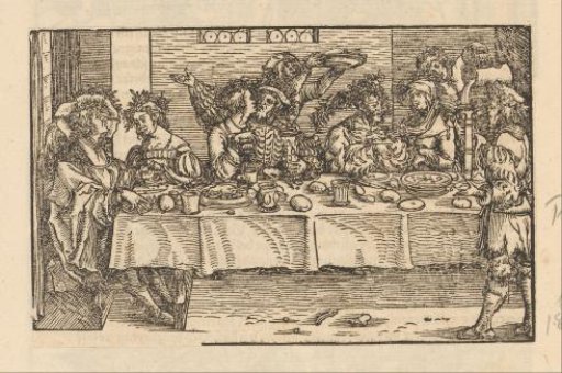 Three figures at an extravagant dinner