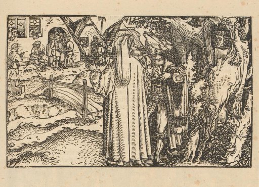 Two men talking near a village and another man watching through a tree hollow