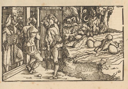 Half-naked man being whipped and two people on pig bladders in the water
