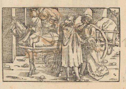 Man being grabbed by the throat while household goods are being loaded onto a cart