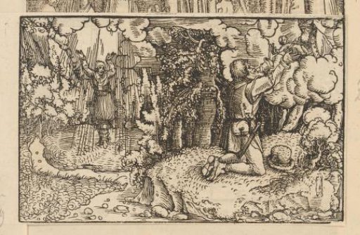 Woman being taken up to heaven and a man receiving a child from the clouds