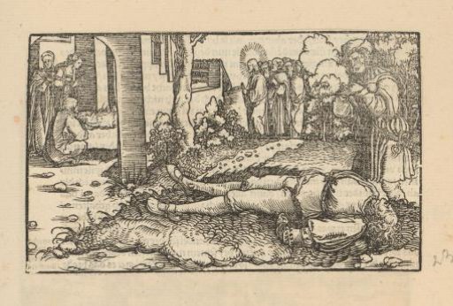 Man Mourning a Deceased Man While Christ Arrives at a House