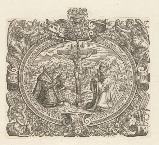 Crucifixion of Christ and two kneeling men