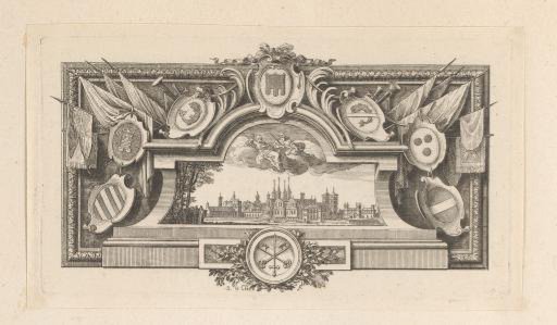 Vignette with a View of Cluny in an Architectural Cartouche with Coats of Arms