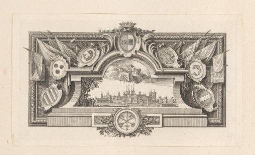 Vignette with a View of Cluny in an Architectural Cartouche with Coats of Arms
